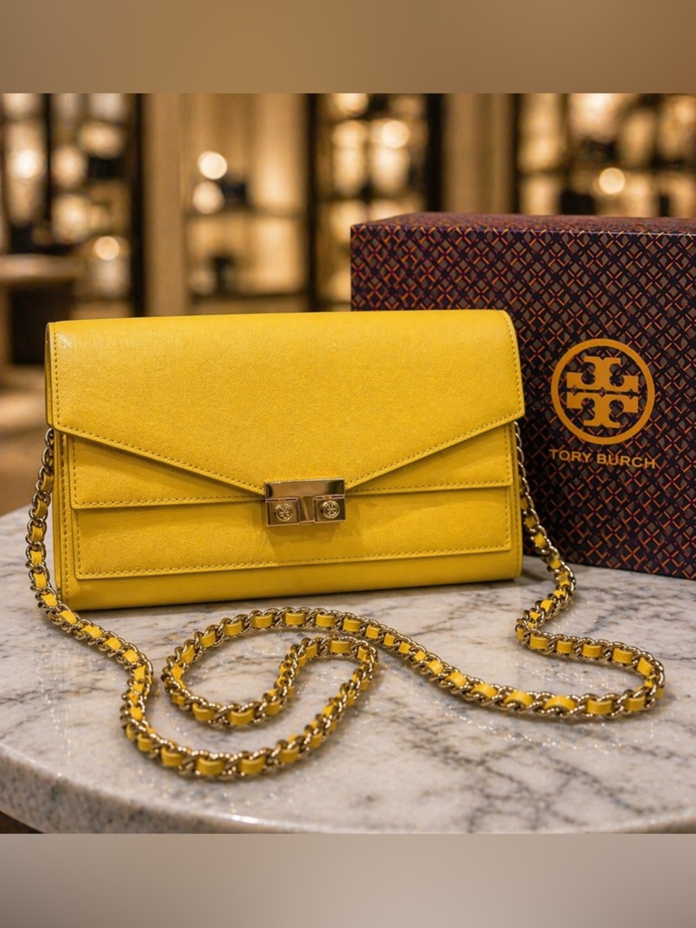 Tory Burch Yellow Saffiano Leather T-Lock Clutch / Crossbody